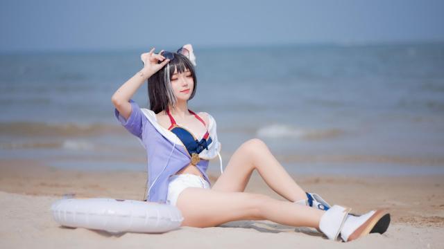 泳衣少女cosplay公主连结水黑猫凯露沙滩写真